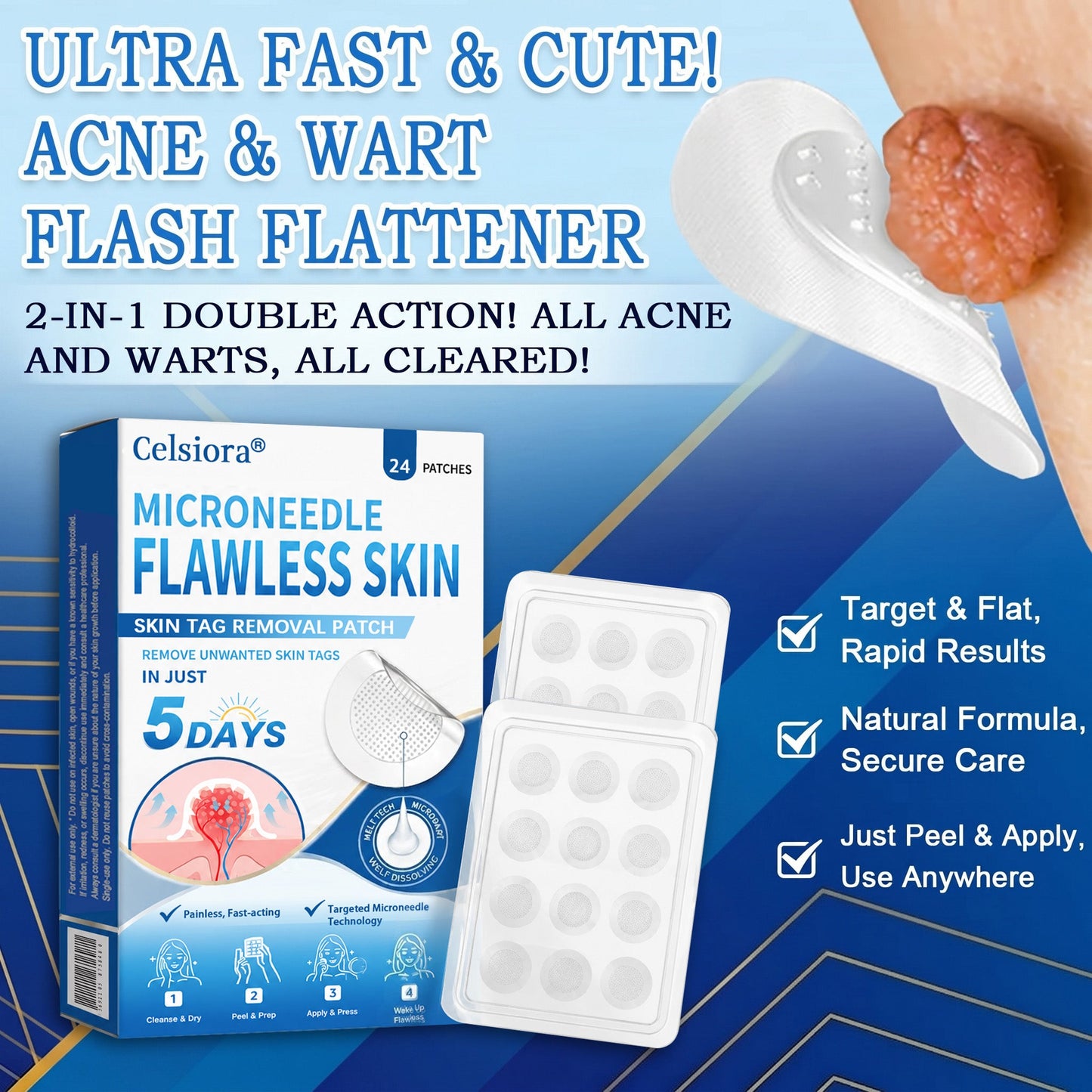👑👑Celsiora® 2-in-1 Microneedle & Hydrocolloid Patch | Raised Moles,Acne, Flat Warts & Skin Tags Remover | Improves Wrinkles, Scars & Blemishes | Invisible Pimple Patches for Face & Body | 24 Count